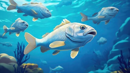 Obraz premium School of Barramundi fish gracefully swimming in vibrant blue waters showcasing marine life elegance