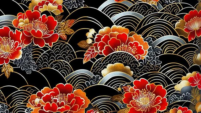 Red peonies and golden waves create a vibrant pattern on a black background