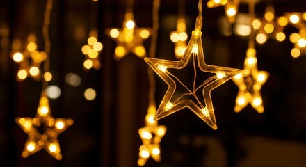 Decorative star shaped lights glowing in the dark, creating a festive atmosphere