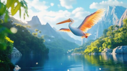 Majestic pelican soaring above a tranquil blue lake capturing the essence of nature s serenity