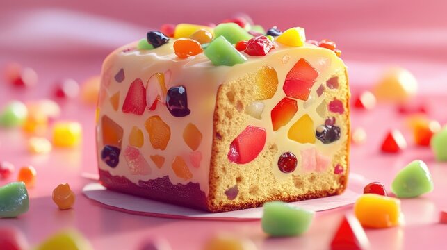 Slice of Panettone fruit cake featuring colorful diced fruit pieces perfect for festive celebrations