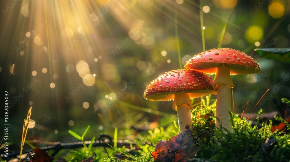 Poster sunlit red mushrooms in forest setting with bokeh