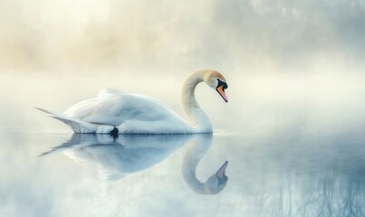 Fototapeta premium Elegant and graceful white swan gracefully floating on a serene, misty lake in the tranquil morning light.