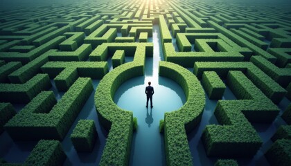 Businessman navigating a labyrinth of green hedges at sunrise