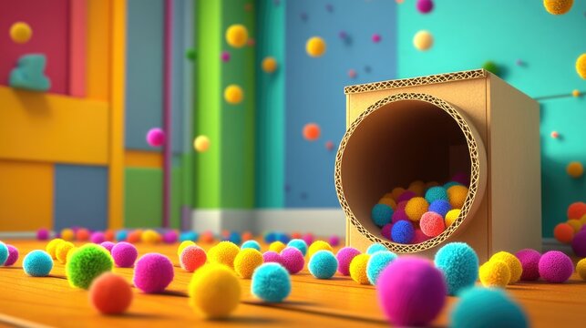 Handmade cardboard activity for children featuring colorful pom poms designed to foster fine motor skills and counting abilities
