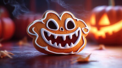 Closeup of a gingerbread cookie adorned with spooky facial decorations perfect for Halloween festivities