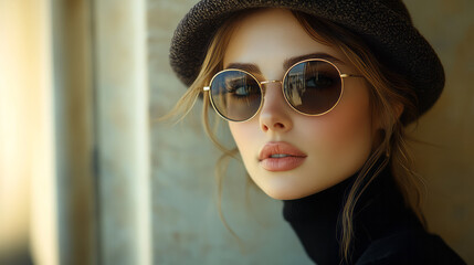 Fototapeta premium A fashionable woman in a beret and sunglasses, sitting on a city bench, enjoying the urban ambiance with elegance,