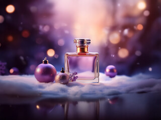 A bottle of perfume sits on a bed of white snow with pink and white Christmas ornaments. The background is blurred with sparkling lights.
