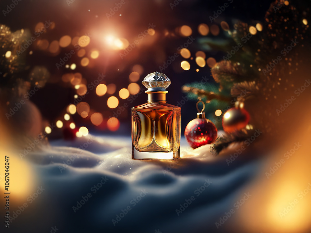 Poster A  perfume bottle sits on a bed of snow with twinkling lights in the background. A Christmas tree branch with red ornaments is visible.