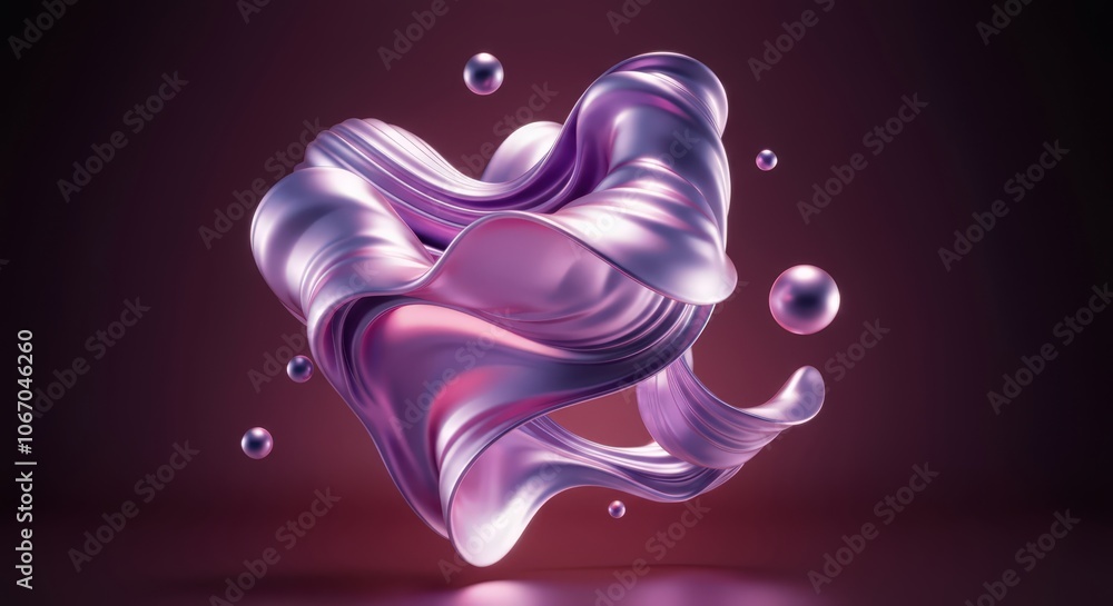 Poster abstract 3d render of a dynamic fluid shape with a metallic pink finish, floating amidst small spher