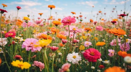 Naklejka premium field of flowers, flowers in the field, colored flowers under the sky, colored flowers, flowers field