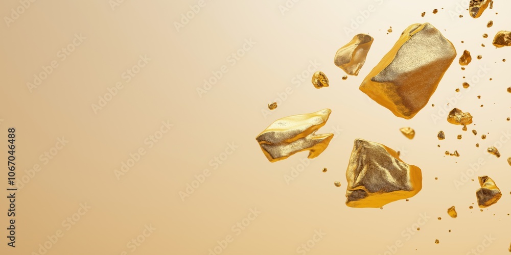 Poster a gold colored background with gold colored rocks scattered around it. the rocks are in different si