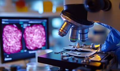 Examination of a tissue section of ductal cell carcinoma and adenocarcinoma of human breast cancer under the microscope using staining