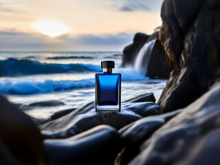 A blue bottle of perfume rests on a rock, overlooking the ocean. The water is a vibrant blue, with waves crashing against the shore, and the sky is painted with hues of orange and pink as the sun rise