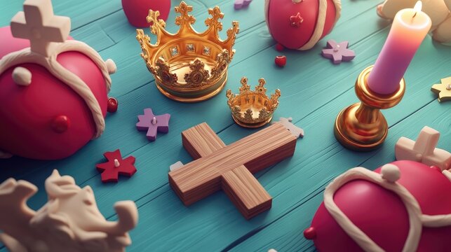 Golden crowns and decorative candlesticks alongside a wooden cross on a table from a top view ideal for festive celebrations and religious gatherings