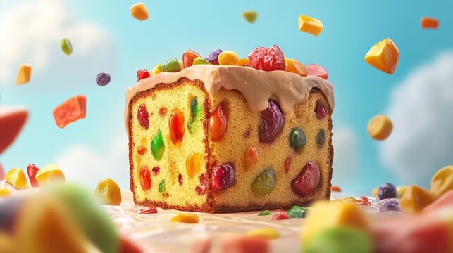 Slice of Panettone fruit cake featuring colorful diced fruit pieces perfect for festive celebrations