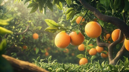 Ripe oranges on a lush green branch in a vibrant garden setting showcasing freshness and abundance