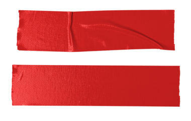 Red adhesive sticky tapes in equal sign shape isolated cutout in transparent background. Concept of accept, approve and correct.