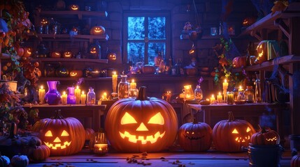Fototapeta premium Enchanting display of Halloween pumpkins illuminated by candles and surrounded by magical potions in a witch s cozy abode