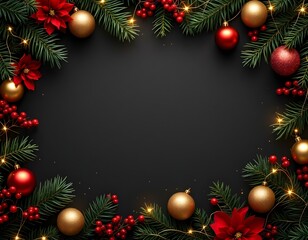 Elegant Holiday Border with Pine Branches, Red Ornaments, Golden Glitter Balls, and String Lights on Dark Matte Background