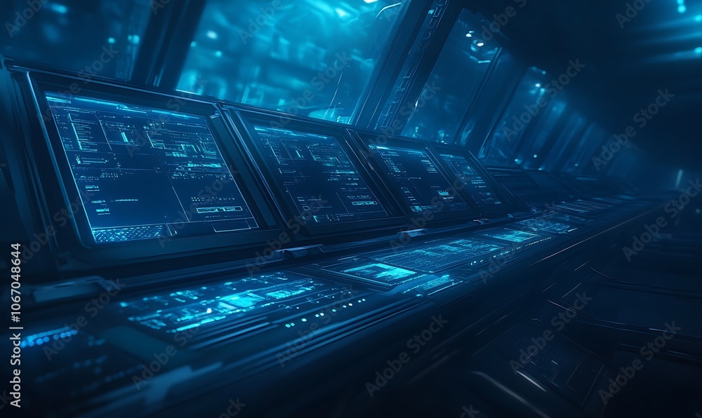 Poster a futuristic, illuminated control room filled with glowing screens, showcasing advanced technology i