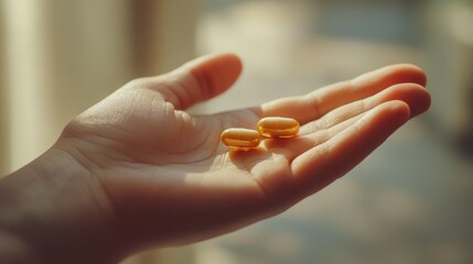 Close-up of hand holding two yellow capsules in soft light