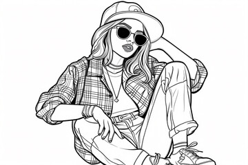 Stylish young woman of mixed ethnicity wearing sunglasses and a cap, dressed in a plaid shirt and relaxed jeans, exuding a cool, urban vibe.