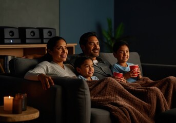 Happy family enjoying a movie night at home, sitting on a comfortable sofa under a blanket, sharing precious moments together