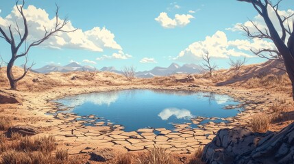 Drought stricken pond in a wilderness area with cracked earth and bare branches showcasing the effects of climate change