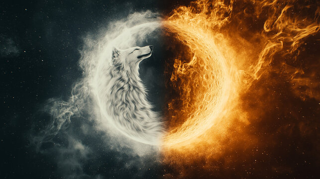 Big scary wolf howling at the moon, predatory look, dramatic effect, penetrating elements, fire on the right, ice on the left, photorealism, epic fantasy style.