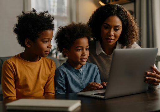 Mother is assisting her two children with their online education using a laptop at home
