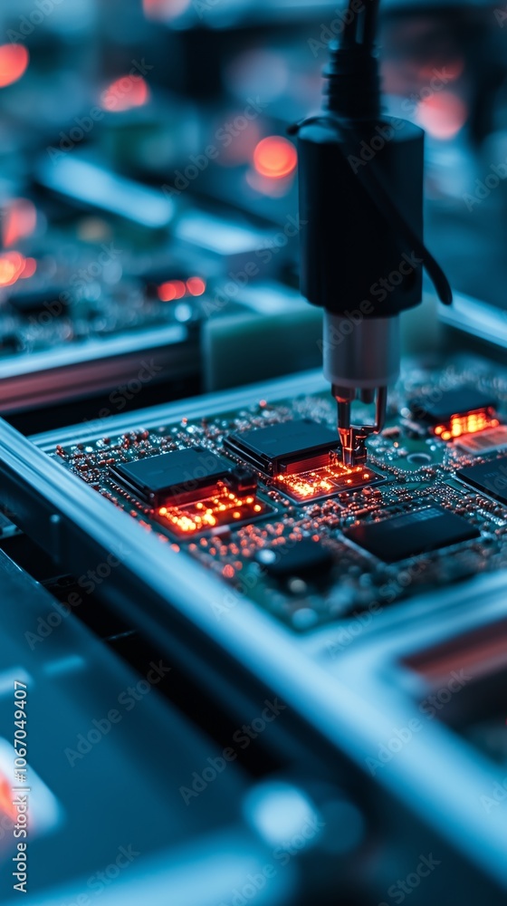 Poster a close-up view of a circuit board being inspected with precision tools in a high-tech manufacturing