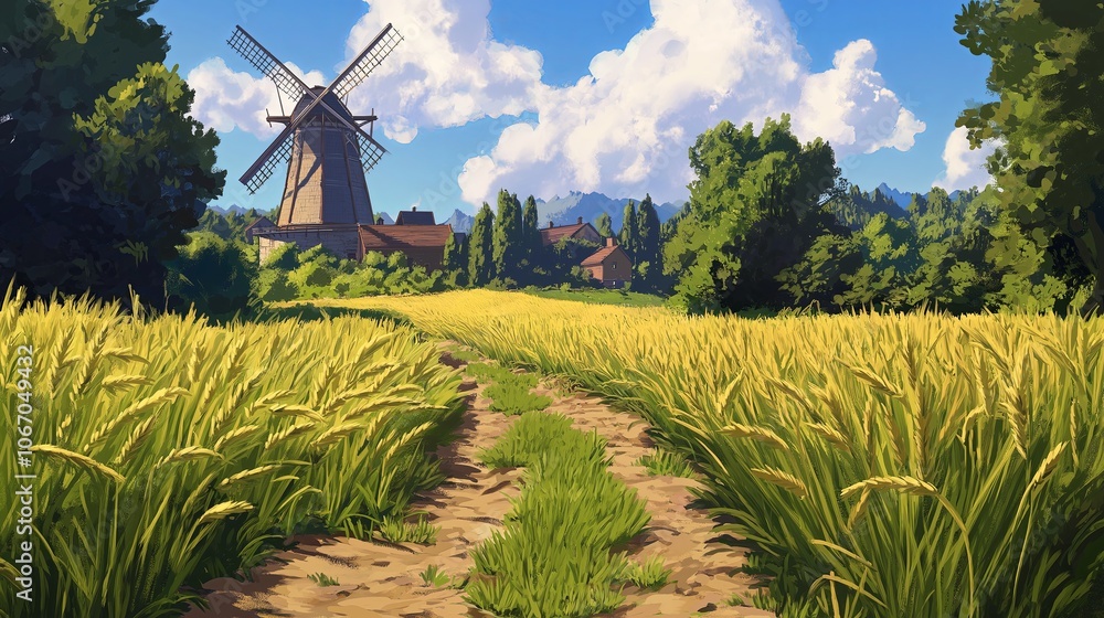 Poster golden wheat field with windmill in the distance