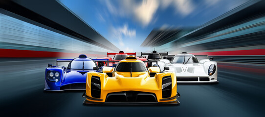 View on pack of colorful Pack or group  of  endurance 24h hypercar on  modern race track packed with fans. Fast dynamic thrilling motorsport background concept