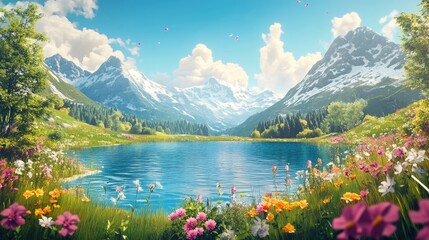Picturesque lake surrounded by majestic mountains and vibrant flowers a tranquil oasis showcasing nature s beauty