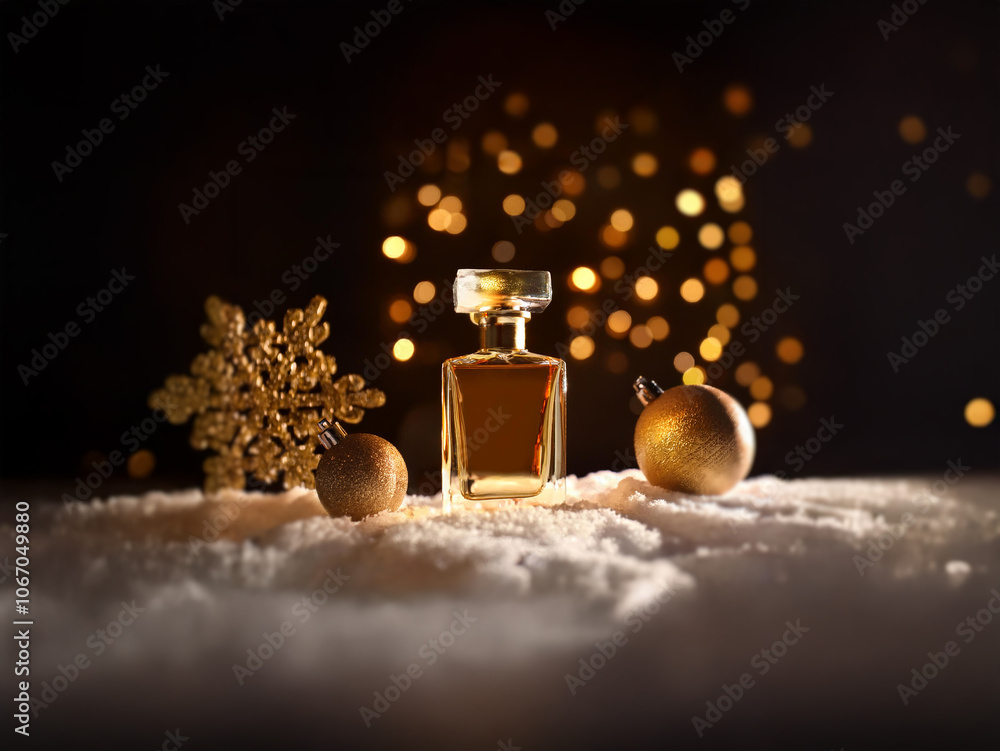 Aufkleber a bottle of perfume sits on a bed of white snow with gold snowflake and ornaments in front of a blur