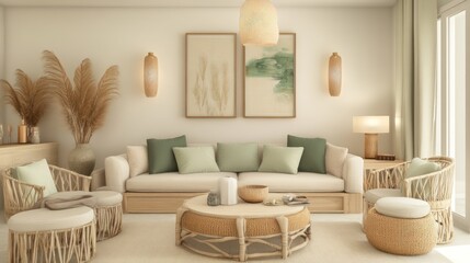 Fototapeta premium Modern Living Room with Beige and Natural Wood Tones