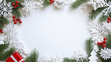 Christmas template with patterns of snowy trees, gift and bell in papercraft style with blank center where messages can stand out.