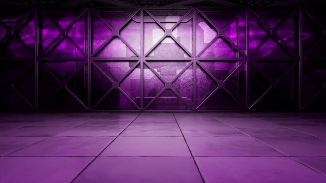 Camera moves across a concrete interior with pink lighting. A podium for your product. A futuristic garage or hangar. Concrete background. A garage or hangar with a hexagonal pattern.