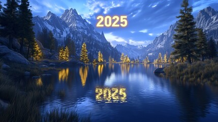 A tranquil mountain lake at twilight with "2025" glowing softly above the water, surrounded by softly lit pine trees and golden reflections in the still surface.