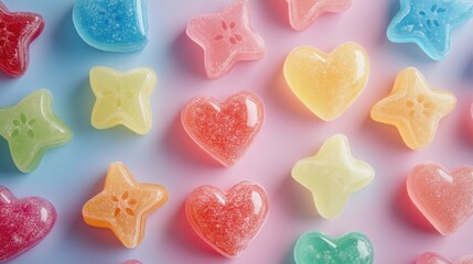 Fototapeta premium An assortment of cute fruit jellies in heart and star shapes on a bright pastel background, creating a lively and playful texture.