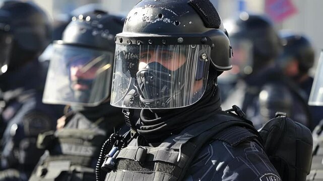 Group of law enforcement officers wearing protective riot gear, ensuring public safety and security during a demonstration