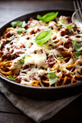 Baked spaghetti pasta with mozzarella cheese. Wooden background. Close up.