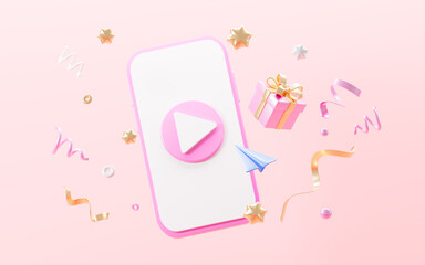 Cartoon cellphone and gift on pink background, online movie, live video streaming concept, 3d rendering.