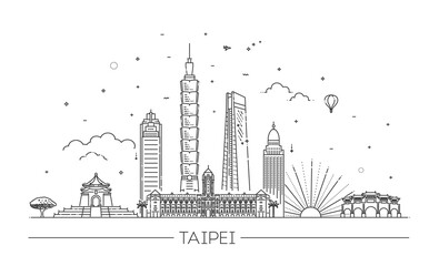 Obraz premium Outline Taipei Taiwan City Skyline with Modern Buildings Isolated on White. Vector Illustration