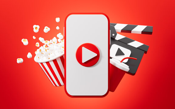 Cartoon cellphone, clapper board and popcorn on red background, online movie concept, 3d rendering.