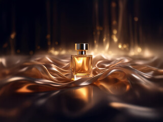 A single bottle of perfume sits on a bed of silky fabric and is highlighted by a shimmering background.