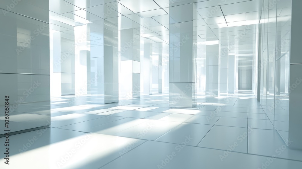 Poster geometric labyrinth of mirrors in a white grid environment, with light and shadow interactions creat