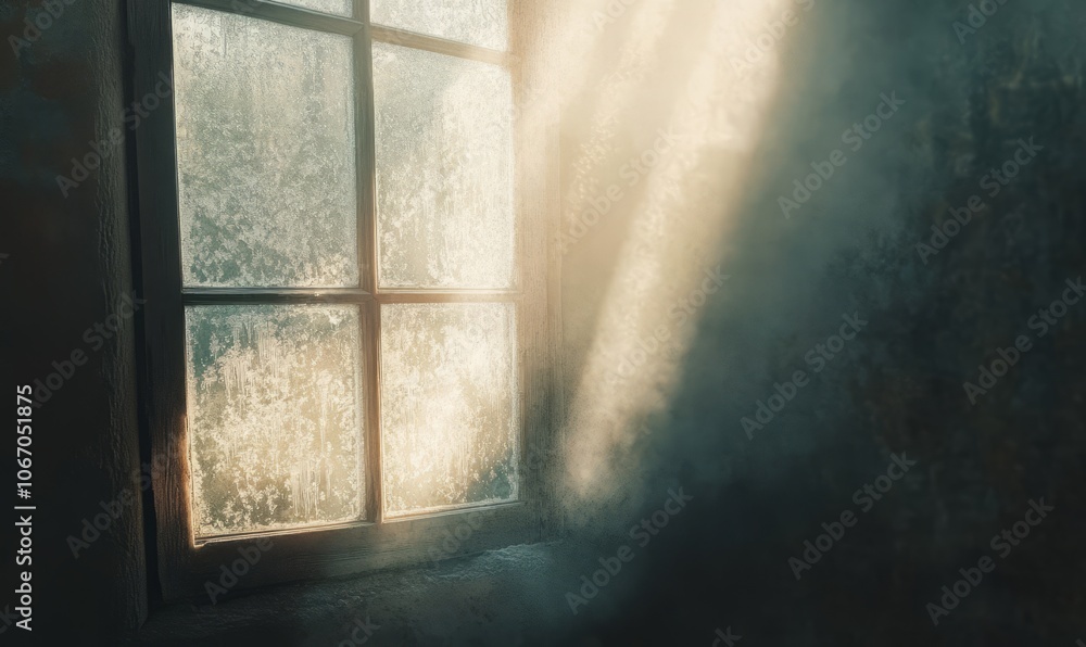 Poster frost-covered window with a foggy, diffused light shining through, creating a textured, ethereal eff