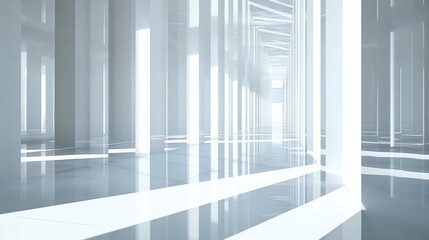 Obraz premium Geometric labyrinth of mirrors in a white grid environment, with light and shadow interactions creating abstract, reflective patterns.